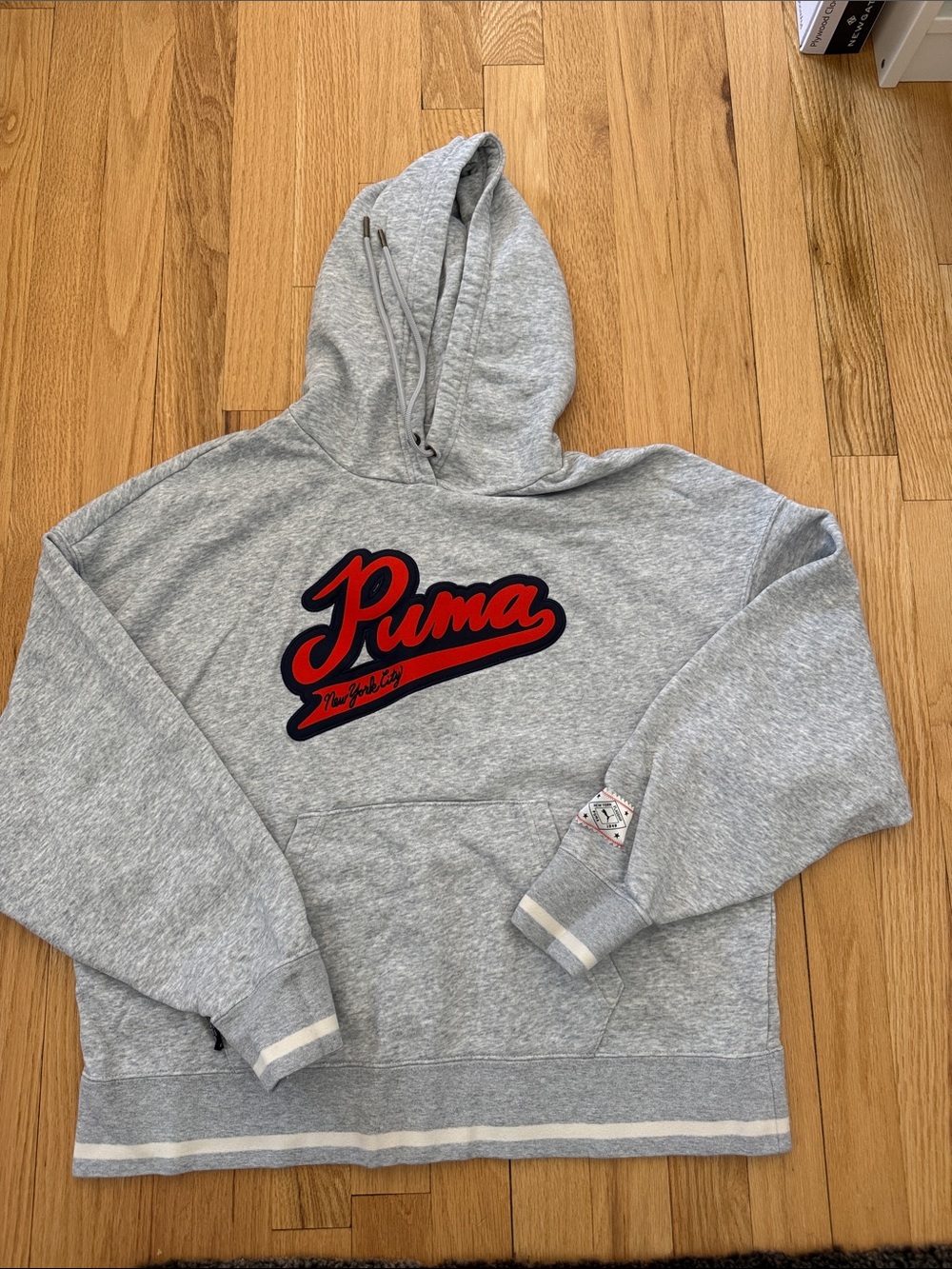 Puma NYC Flagship Gray Hooded Sweatshirt with Red Script Logo